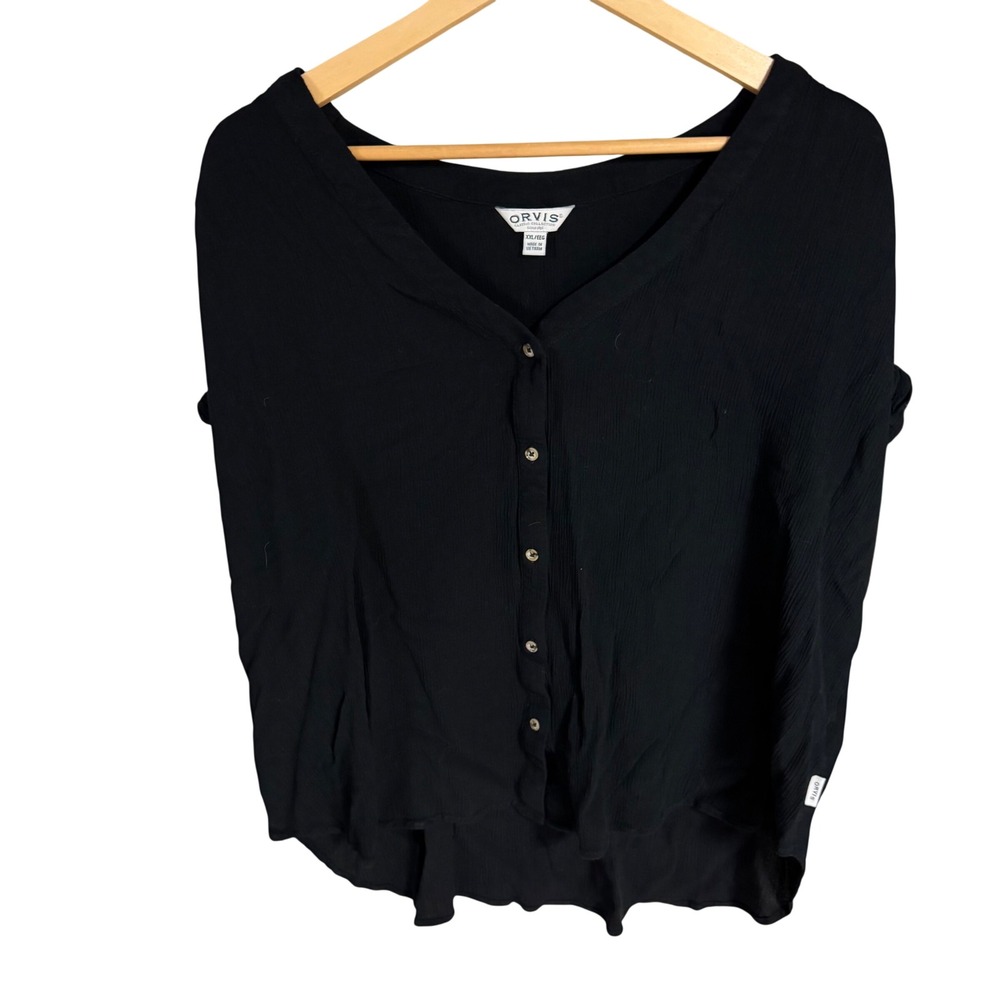 Orvis Womens XXL Button Down Crepe Top Lot 3 Black Green Blue Short Sleeve - Picture 4 of 7